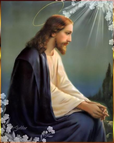Peinture de Jésus auréolé avec rayons et fleurs